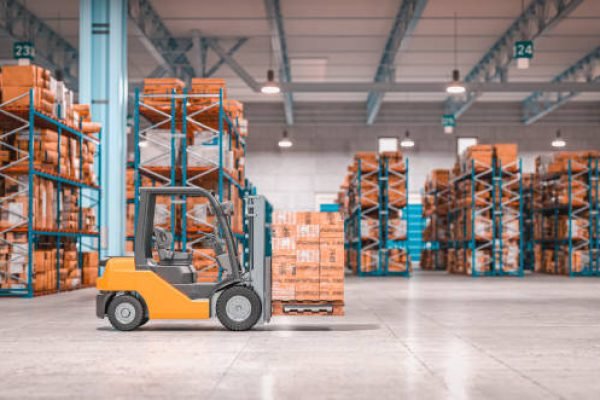 forklift with pallets inside a warehouse. 3d render